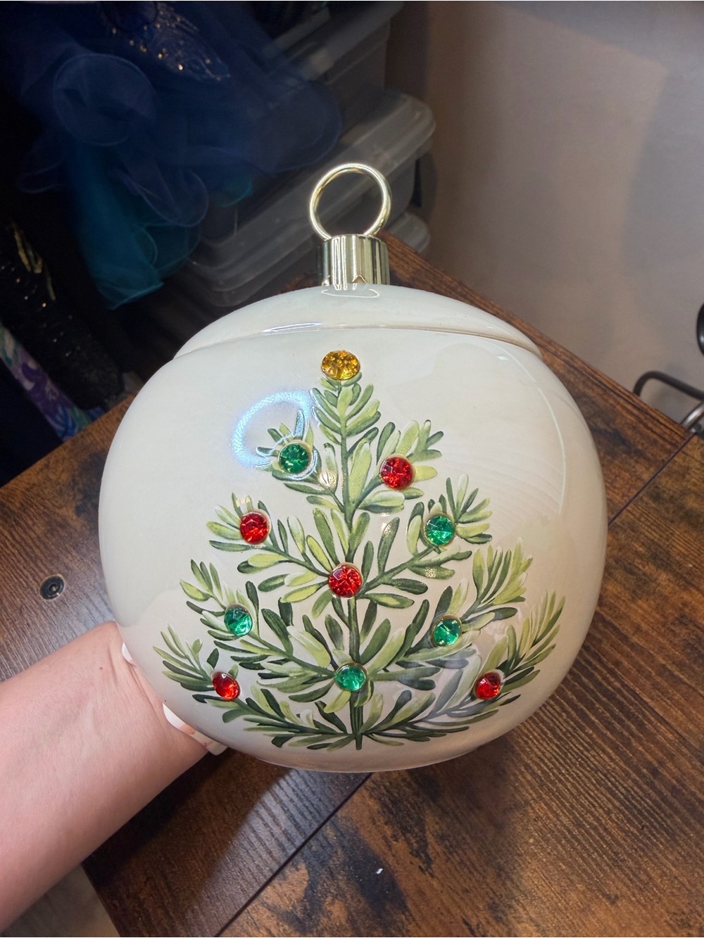 Teleflora Hand-Painted White Glass Holiday Ornament Green Tree Multi-Colored Gem